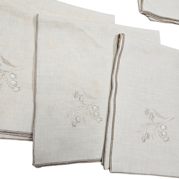 Vintage Embroidered Linen Napkins Set of‎ 7 Lily of the Valley Floral Tan Beige - Picture 2 of 5